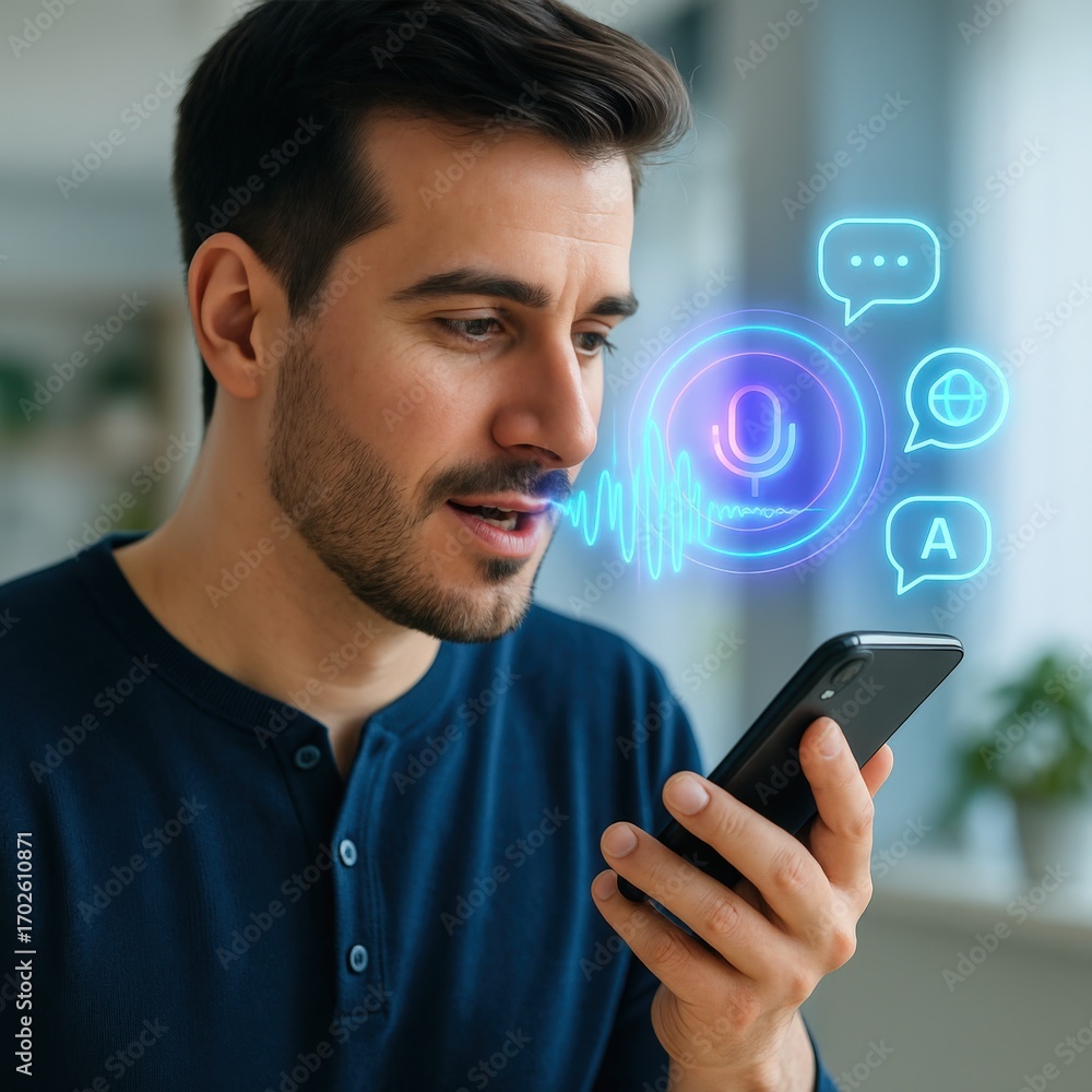 Poster a person using voice assistant on smartphone. voice assistant activates on the screen, showcasing th