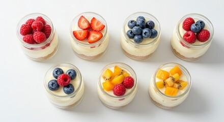 Variety of mini cheesecakes in jars with fruit topping on a clean surface for dessert presentation