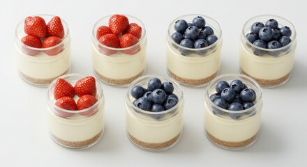 Assorted of mini cheesecakes in jars with fruit topping on a clean surface for dessert presentation