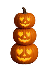 Stack of three carved pumpkins with heart-shaped faces glowing in warm autumn light