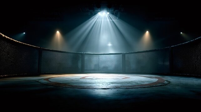 Powerful spotlights illuminating an empty fighting cage in a dark arena, creating a dramatic atmosphere filled with anticipation before an intense competition unfolds