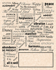 Inspirational Word Cloud Journal Cover - Mindfulness and Self-Care Typography on Vintage Background