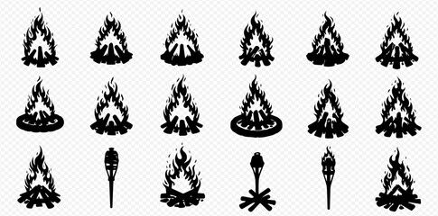 A collection of black silhouette icons depicting various campfires with burning logs and two ancient torches, set against a transparent background.