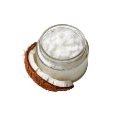 Organic Coconut Oil in Glass Jar with Fresh Coconut Piece