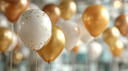 Golden and white balloons, some embellished with shimmering golden stars, floating elegantly in the air, creating a vibrant and cheerful atmosphere perfect for celebrations and joyful occasions