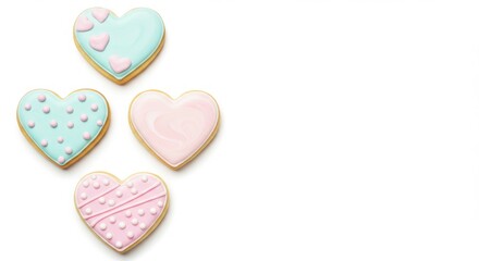 Obraz premium Frosted sugar cookies shaped like hearts for dessert display and celebration event decoration