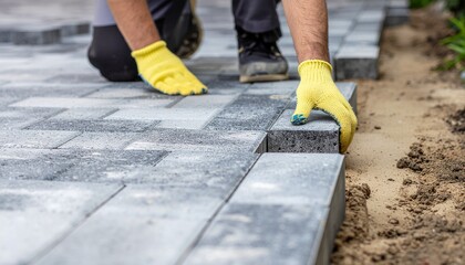 The master in work gloves lays paving stones in layers. Garden brick pathway paving by professional...