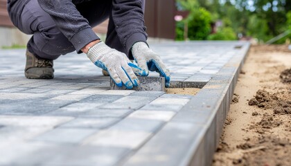 The master in work gloves lays paving stones in layers. Garden brick pathway paving by professional...