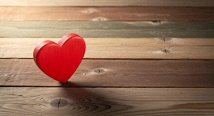 Red heart on rustic wooden background, symbolizing love and romance.