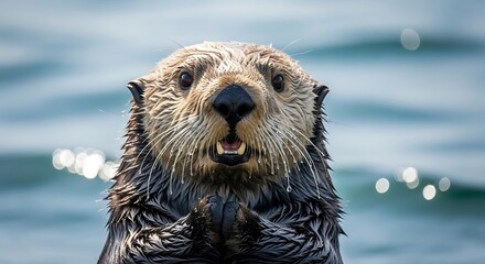 Sea Otter Portrait in Ocean Waters.