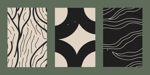 Three abstract minimalist graphic art panels featuring organic line patterns and geometric shapes in a neutral color palette