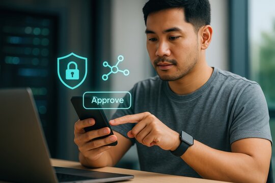 A man is interacting with his smartphone while a digital security overlay hovers above it