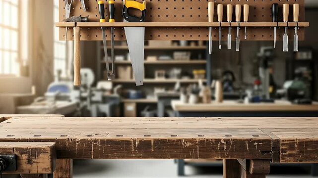 A sturdy wooden workbench is prominent Above a pegboard displays a hammer saws and chisels A blurred workshop interior forms the background