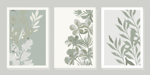 Set of three abstract botanical prints with muted green and beige foliage and floral elements