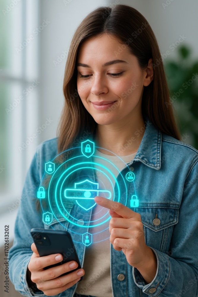 Poster a person using a phone while interacting with a security feature on the screen. it highlights digita