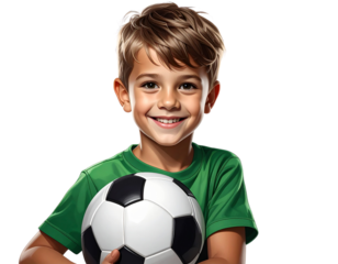 Firefly_A young boy in a green soccer jersey is smiling and holding a black and white soccer