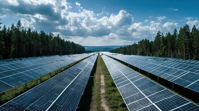 Solar farms utilizing photovoltaic panels to generate clean electricity at scale, reducing reliance on fossil fuels.