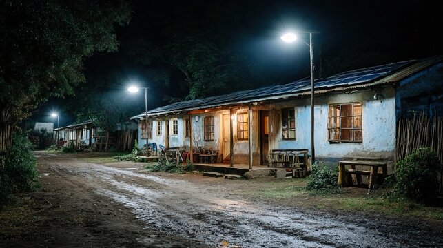 Solar lanterns lighting rural homes at night, ideal for clean energy access, off-grid life, and sustainable tech in developing regions