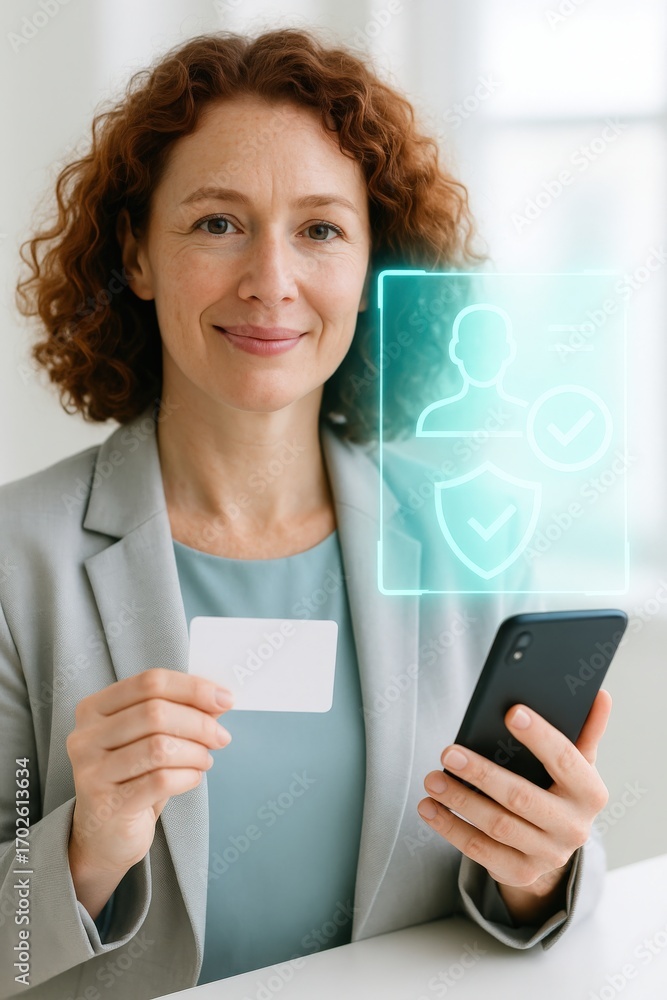 Poster a woman holding a card and smartphone displaying security features, emphasizing secure digital ident