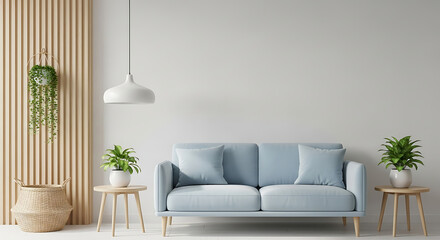 A bright and minimalist living room featuring a light blue sofa, potted plants, and a wooden accent wall, creating a serene and inviting space with natural light and simple decor, perfect for a modern
