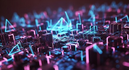 A complex, futuristic cityscape composed of interconnected cubes, illuminated by vibrant neon pink and blue lines and triangles, creating a dynamic and high-tech visual effect.