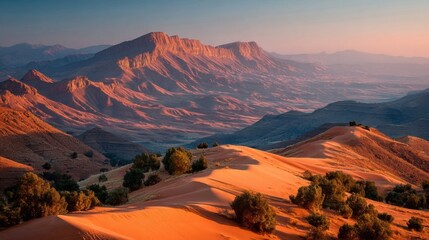 Fototapeta premium Stunning desert landscape with warm orange and pink sky, undulating sand dunes, sparse vegetation,