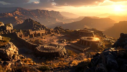 Ancient Stone Ruins at Golden Hour Overlook Dramatic Mountain Landscape