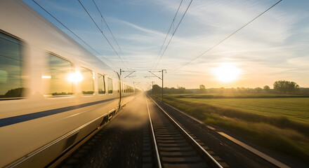 Obraz premium High-speed train blurring past green fields at sunset, with power lines overhead and a bright sun on the horizon, creating a dynamic travel scene.