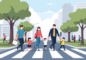 Family crossing street safely on pedestrian walkway wearing face masks during pandemic era urban environment
