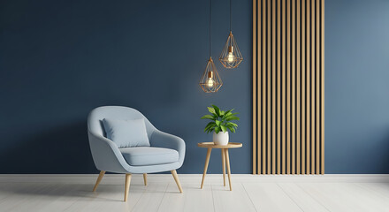 Modern and elegant living room interior with a comfortable blue armchair, stylish lighting, and a decorative wooden panel, creating a sophisticated and inviting space in a contemporary home