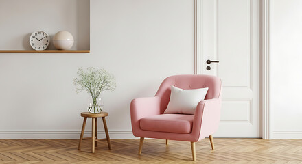 Interior of a modern living room with a pink armchair, a wooden stool with a vase of flowers, and a shelf with decorative objects against a white wall the room is bright and airy, with a minimalist de