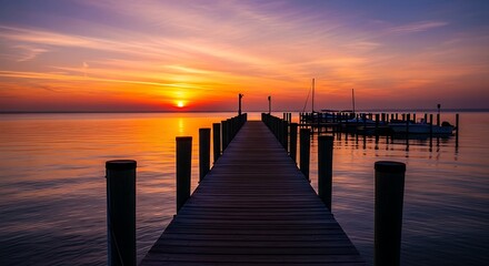 Obraz premium Serene Sunset Over a Wooden Pier at the Lake.