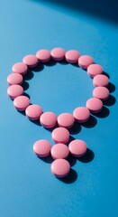 Obraz premium Pink pills shaped as female gender symbol om blue background. Vertical of women's health, hormonal balance, contraception, or reproductive medicine with copy space.