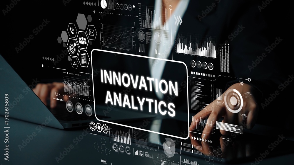 Poster innovative technology theme with data analytics and modern business insights for digital solutions. 