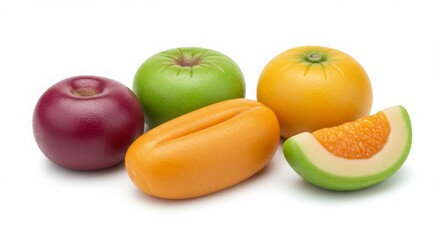 Assorted marzipan fruits isolated on white background for food and dessert photography