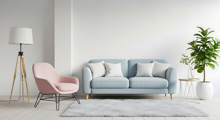 Modern living room interior with a light blue sofa, a pink armchair, a floor lamp, and a potted plant against a white wall the room has a light wood floor and a light blue rug