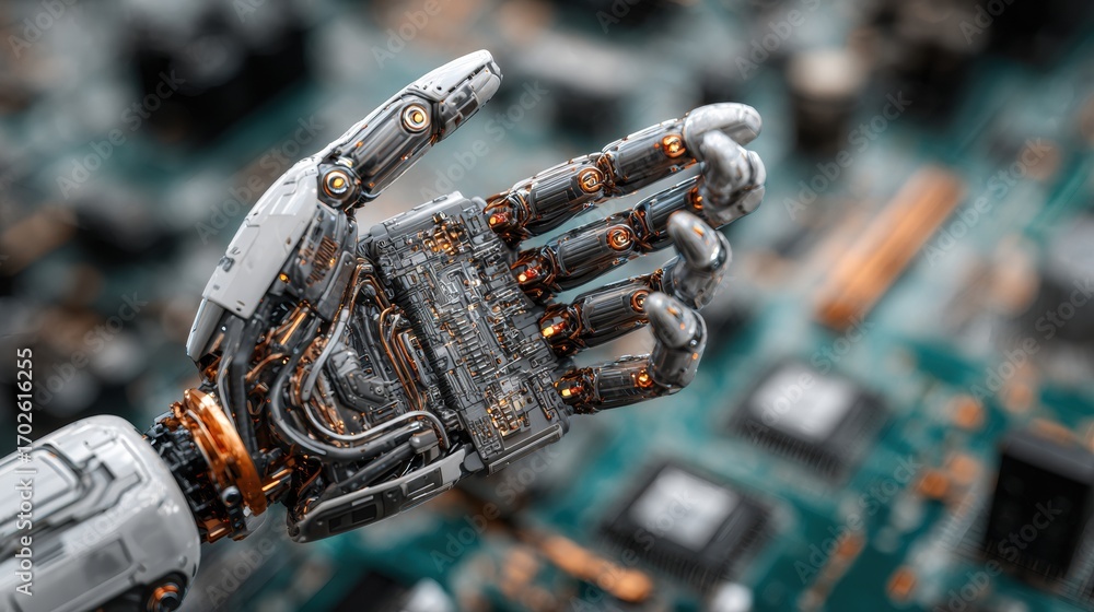 Aufkleber advanced robotic hand holding a microchip in a high-tech environment with circuit boards visible in 