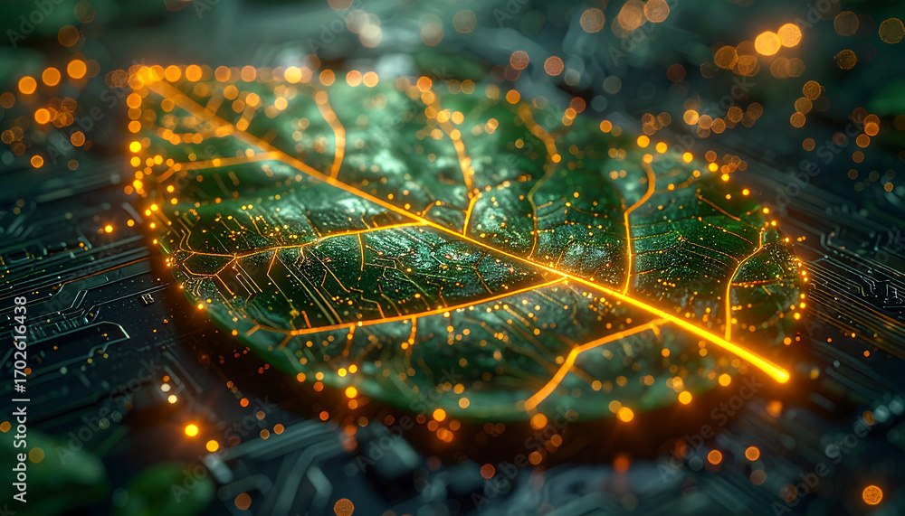 Poster digital leaf: a vivid representation of the intersection between technology and nature, a leaf const