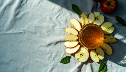 Honey Jar with Apple Slices Flatlay on Linen. Rosh Hashanah Jewish Fest. Generated Image
