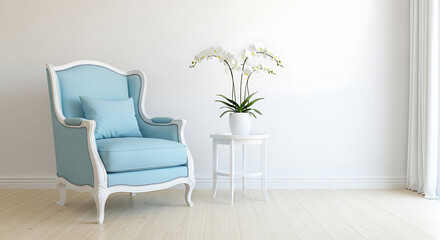 Elegant light blue armchair with white trim next to a small white table with a white orchid plant, isolated on white background the room has a light wood floor and a white curtain