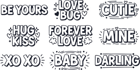 Fototapeta premium Love phrases Text: A collection of various charming phrases, designed to add a special touch to any artistic project. Capture heartfelt sentiments with these lovingly crafted words and phrases.