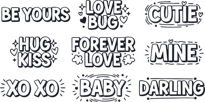 Love phrases Text: A collection of various charming phrases, designed to add a special touch to any artistic project. Capture heartfelt sentiments with these lovingly crafted words and phrases.