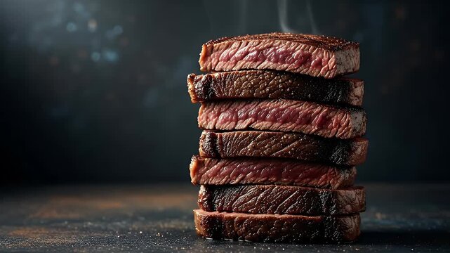 A tall stack of steaming medium-rare cooked meat slices on a dark textured surface with blurred lights in the background