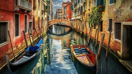 Fototapeta premium Venice historic buildings with elegant arches reflecting in blue canal picture