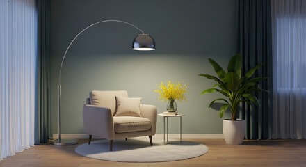 Cozy living room interior with a comfortable armchair, floor lamp, and plant, creating a relaxing and inviting atmosphere for unwinding and enjoying quiet moments in a stylish home