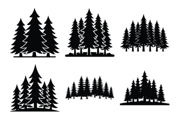 Obraz premium Pine forest vector icon set black color and white background