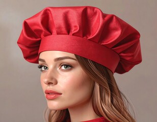 Woman wearing a bright red chef's hat