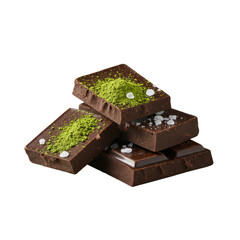 Hand-broken dark chocolate chunks with matcha, sea salt flakes on transparent background, 45-degree angle, soft studio light, no shadows, high-end gourmet food concept