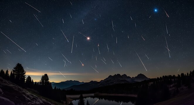 Starry Night Sky with Streaking Meteors Over a Mountain Lake Landscape.