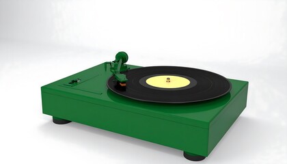 Green record player on white background